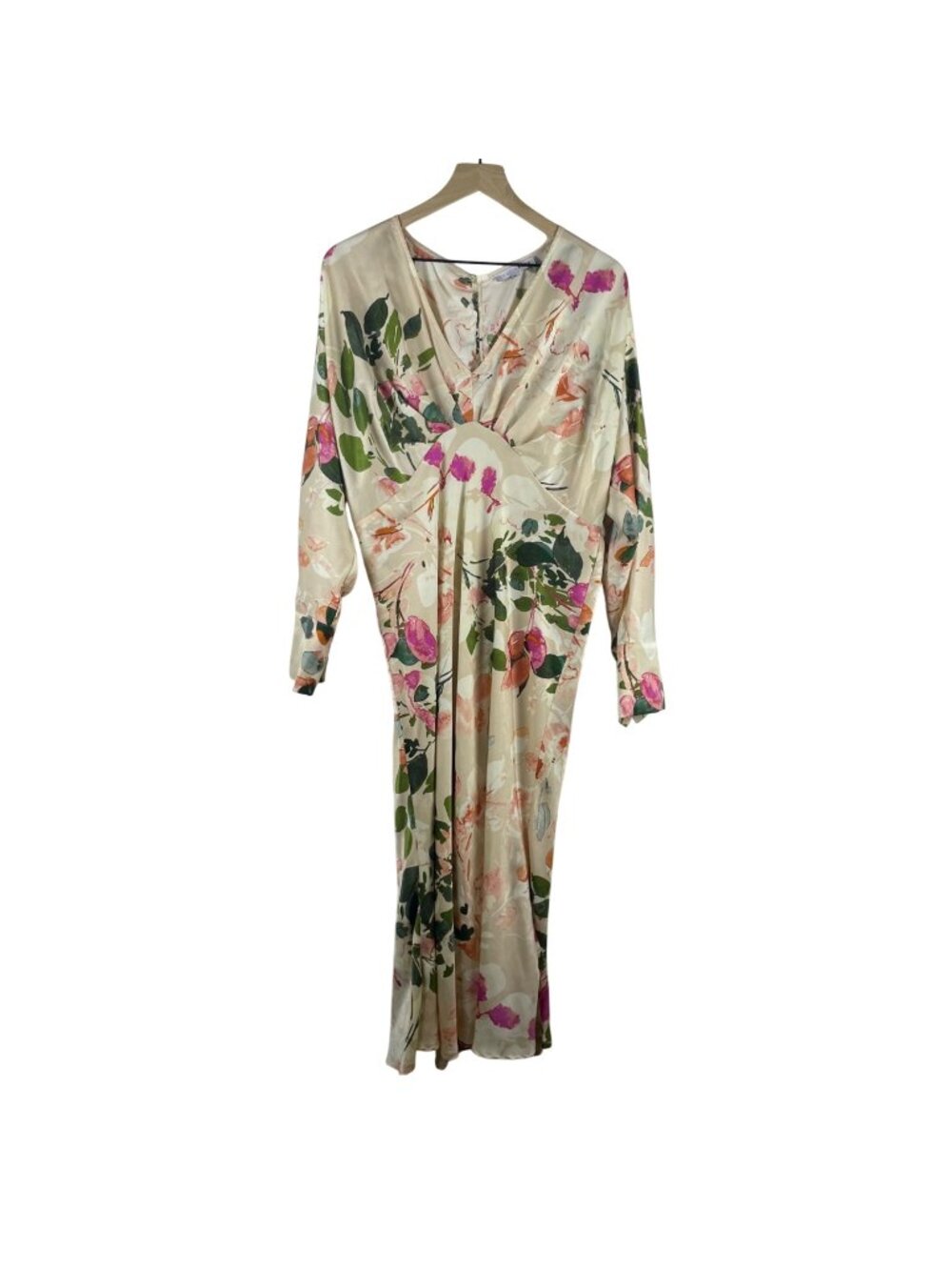 Baltic Born Bari Satin Floral Midi Dress Women's XL 1940s Long Sleeve A-Line